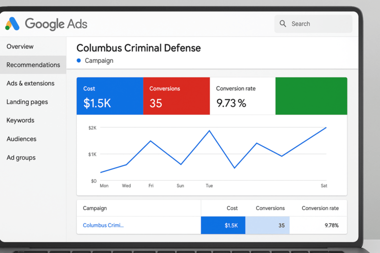 ChatGPT Image Jun 20 2025 07_35_21 PM – Law Firm Marketing Agency - YMM Digital Google Ads dashboard set up for Columbus criminal defense campaign