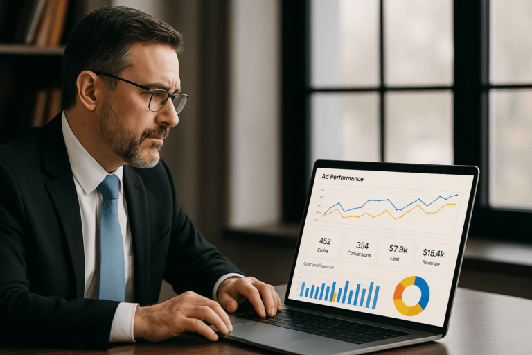 lawyer reviewing roi metrics on ppc dashboard
